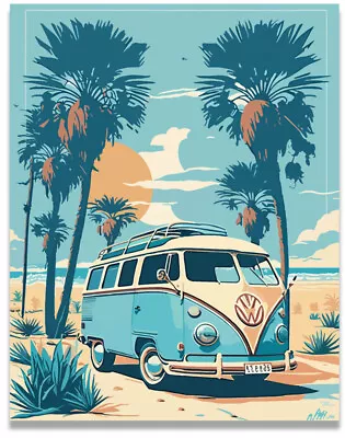 Blue Palm Trees Volkswagen Van Poster Beach Surf VW 11x14 Inches Unframed • $9.95