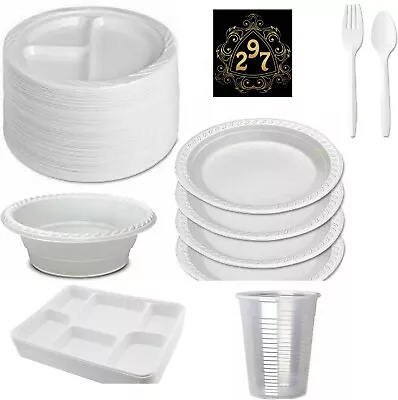 Reusable Plastic Plate Bowl Compartment Tray Disposable Cup Cutlery Party • £6.50