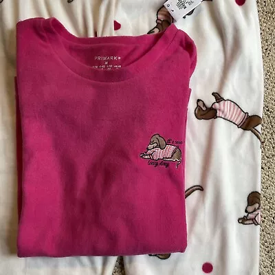 Primark Dachshund Lightweight Soft Pink White Fleece Pajama Set SZ M (8/10) • $24