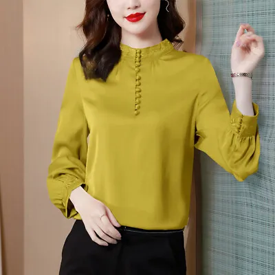 Women Silky Shirt Ladies Spring Fashion Long Sleeve Stand Collar Vintage Blouses • $38.09