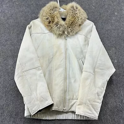 VINTAGE Leather Jacket Women 8 White Real Fur Genuine Alaska Arctic Fox Mink 80s • $49.95