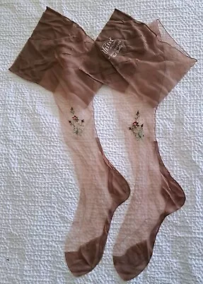 Vintage Veitel Cuban Heel Seamed Stockings Hand Painted Flowers 9  60 Gauge • $15