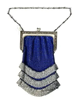 Vintage WHITING & DAVIS Mesh EVENING BAG Royal Blue Enamel & Silver Mesh MINTY • $395