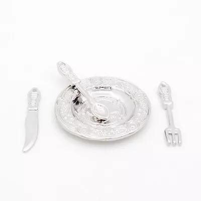 4PCS Metal Place Setting Miniature Fork Knife Spoon Plate Tableware Dollhouse SR • $5.39