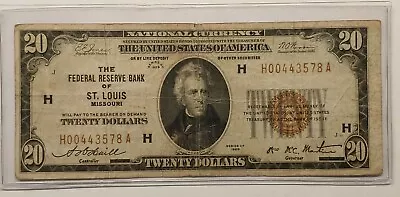 1929 $20 NATIONAL CURRENCY Bank Note  6 DIGIT SERIAL #  St Louis MO • $72.95