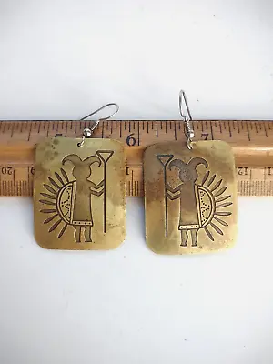 Vintage Large OOAK Mayan Aztec Deity Tribal Etched Brass Earrings *1.5  • $19.99