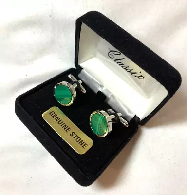 CL1803S CLASSIXjewels CUFF LINKS SILVER TONED WITH GENUINE MALACHITE STONE • $12.99