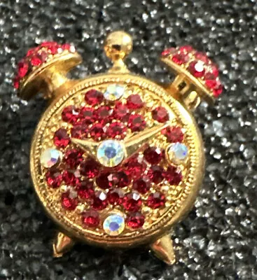 Vintage Jewelry Brooch Pin Alarm Clock Ab Red Rhinestones Gold Tone Metal • $9