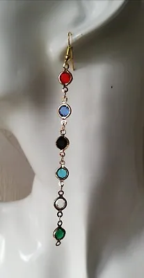 Extra Long Drop / Dangle Earrings - Multi-coloured Rhinestones - Gold Plated • £4.99