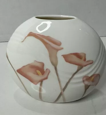 TOYO FLOWER VASE White With Pink Calla Lily Pattern Japan Modern Deco Original • $14.50