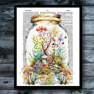 Mushroom Terrarium Nature Dictionary Art Print Watercolor Plant Wall Decor • $8