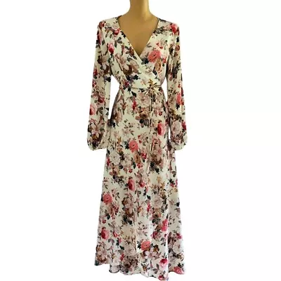 Dream House Floral Wrap Maxi Dress Sz10 Boho Gypsy Feminine Flowers Long Sleeve • $29