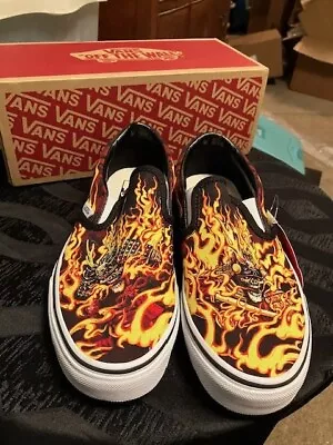 Mens Vans Classic Slip-on Black Samarai Rising With Flames NIB Size 7.5 • $35