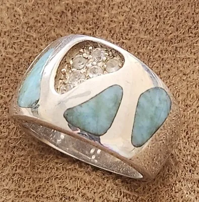 MarahLago Spring Sterling Silver Larimar White Topaz Ring Size 7 Wide Band • $79.95