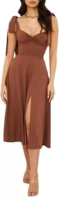 Tie Strap Fit & Flare High Slit Slip Midi Dress - Chocolate 10-12 • $24.99