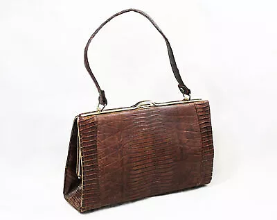 Brown Lizard Purse 1940s 50s Classic Rectangular Handbag Top Handle • $34.99