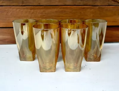 Vintage Set Of 6 Gold Peach Amber Lustre Drinking Glasses Square Bottom Marigold • $34