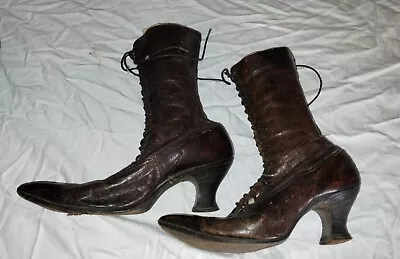 Antique Women's Leather Victorian Lace-Up Boots High Heel Shoes No Reserve • $49