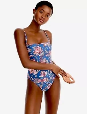 J. Crew High-Leg Bandeau One-Piece In Blue Multi Floral Womens Swimsuit Size 8 • $28.88