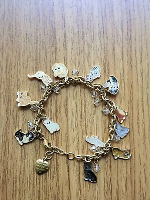 Vintage Beautiful Cat Lovers Enamel Gold Tone Facet Crystal's Charm Bracelet (9) • $59.99