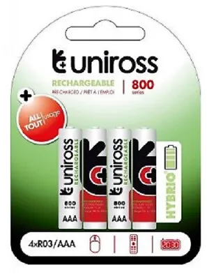 UNIROSS AAA Rechargeable Batteries NiMH 800mAh - 4 Pack HYBRIO • £3.49
