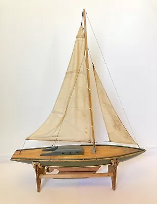 Vintage Sailboat 26” Wooden Pond Boat Yacht Nautical Model With Stand • $239.17