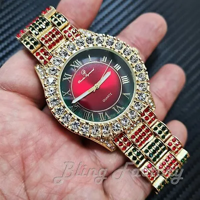 Hip Hop Iced Multi Color Stone Bling Lab Diamond Red Dial Metal Luxury Watch • $26.99