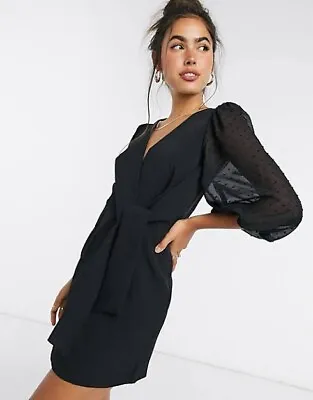 $35 • Buy ASOS Design Wrap Front Mini Dress Size 10 Dobby Sheer Puff Sleeves Black V-Neck