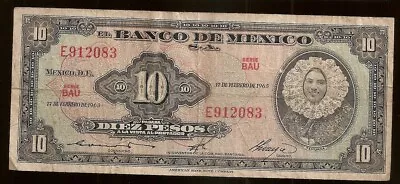 1965 $10 Mexican Pesos Paper Money Bill From Mexico Billete De Dinero Mexicano • $3.25