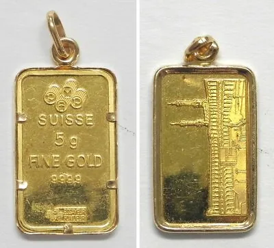 X4643  Suisse 5 Gram .9999 Fine Gold Bar In 21K Bezel Pendant • $525