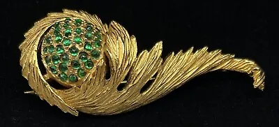 Hattie Carnegie Signed Vintage Gilt Green Rhinestone 2-3/4  Brooch Pin A48 • $160.65