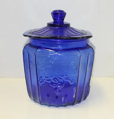 Cobalt Blue Glass Biscuit Cookie Jar Mayfair Open Rose Depression Style Retro • $30