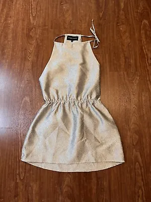 Vanessa Mooney Bella Dress Metallic Silver Halter Cut Out Sides Tie Neck Mini M • $100