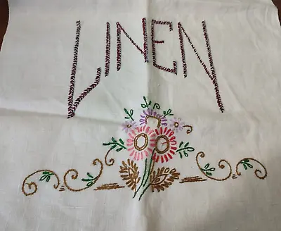 Vintage 1940's 1950's Hand Embroidered Drawstring Linen Laundry Bag (bB) • £12