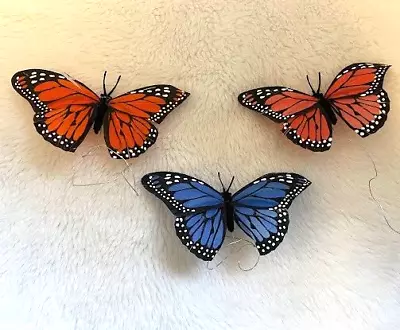 3 Vintage Christmas Insect BUG  Wings BUTTERFLY MONARCH BLUE ORANGE 5  TIE ON • $4.98