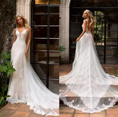 Deep V Neck Backless Lace Tulle Mermaid Wedding Dresses Beach Bridal Gown Custom • $149.99