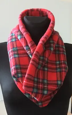 Handmade Thick Polar Fleece Red Tartan Scarf Cowl Infinity Snood Neck Warmer • £8.49