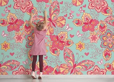 3D Cartoon Pink Floral Butterfly Wallpaper Wall Murals Removable Wallpaper • $163.09