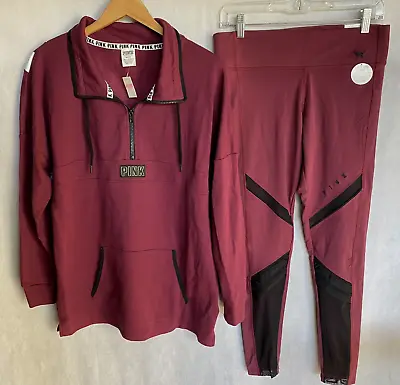VICTORIA'S SECRET PINK Size M Burgundy Fleece Lined Sweatshirt & Leggings Set • $74.95