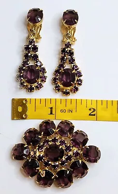 Signed LA ROCO Vintage Purple Rhinestone & Gold Tone Clip On Earrings And Brooch • $19.99