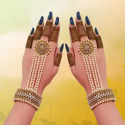 £12.99 • Buy Indian Pakistani Bollywood Gold Bridal Hand Piece Panja Adjustable Ring Bracelet