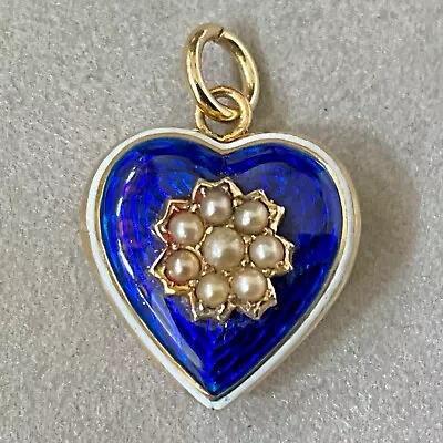 ANTIQUE VICTORIAN / EDWARDIAN  15ct GOLD GUILLOCHE ENAMEL HEART PENDANT 2.6g • £398