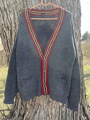 Vintage Gant Cardigan Mens L Shetland Wool Sweater Varsity Prep Stripe Pocket • $70