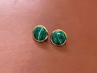 $95 • Buy Ben Amun Signed Round Gold Tone Clip On Earrings W/ Malachite