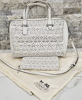 Coach Taylor Ivory Eyelet Leather Satchel And Matching Zip Around Wallet Set • $124.99