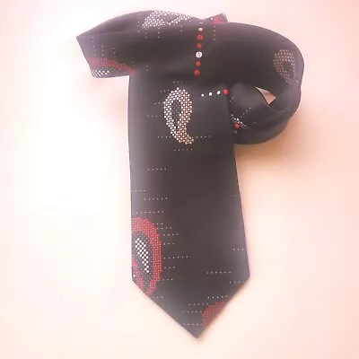 Vintage Montgomery Wards Paisley Abstract Polyester Necktie Black Red Tie 55  • $13.69