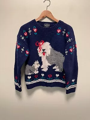 Vintage Woolrich Womens Sweater Medium Blue Wool English Sheepdog Flowers Granny • $34.88