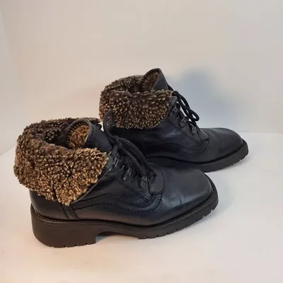 Barbo Womens Sz 8 1/2 Black Leather Shearling Boots Square Toe 1.5  Heel Lace Up • $31.97