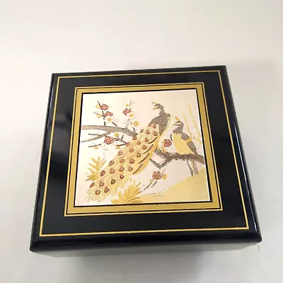 Vintage Jewelry Music Box Black Lacquer Peacock Gold Silver  Love Story  • $25.95