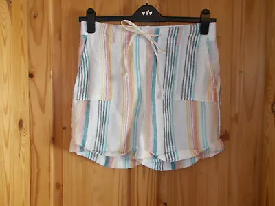 M&S Ivory Yellow Blue Grey Salmon Pink Aqua Stripe PURE LINEN Holiday Shorts 10 • £6